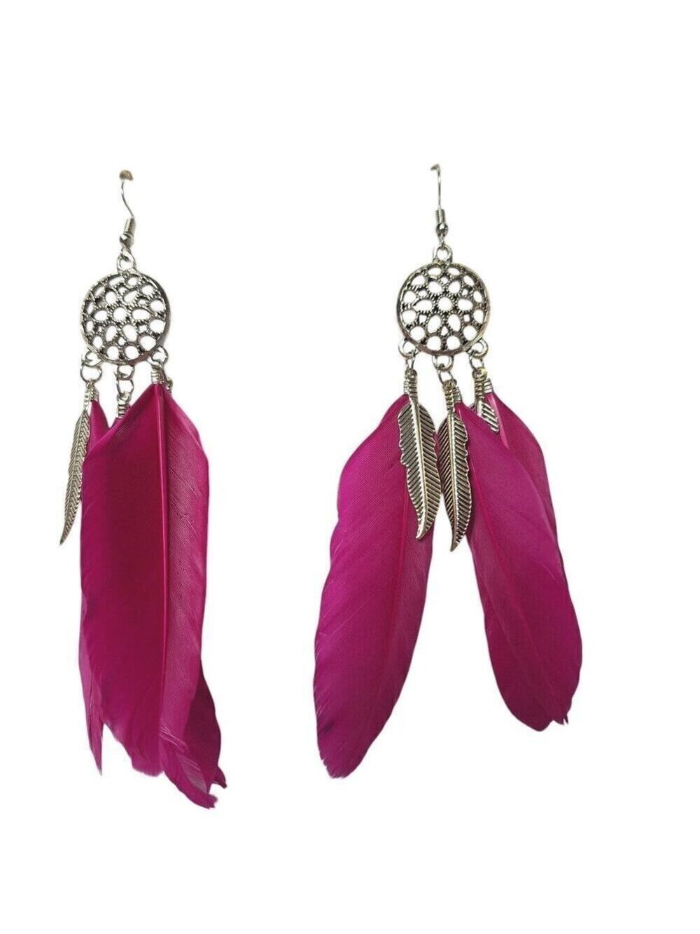 Pink Peacock Feather Dream Catcher Earrings Jewelry